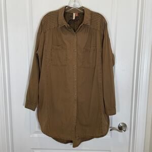 Anthropologie Pilcro Oversized Tunic Top Olive-Brown Button Down Cotton‎ S / M